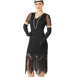 Faybox Beaded Gatsby Beaded Sequin Fringe Black Party Dress